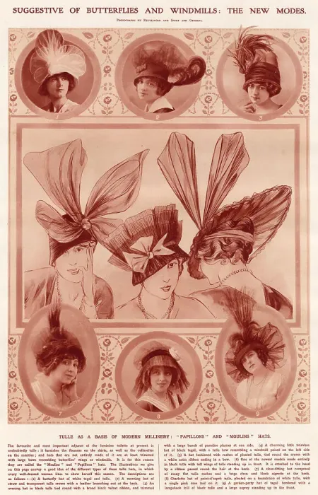 Framed Print : Women wearing hats trimmed with large bows resembling butterfiles wings or windmills. Date: 1913 Framed Print : Women wearing hats trimmed with large bows resembling butterfiles wings or windmills. Date: 1913