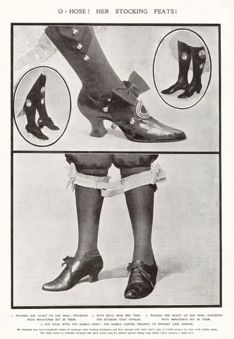 Framed Print : Women wearing stockings bearing minatures or if you want to be heard bells, also garters for the hobble skirt to keep your legs together. Date: 1910 Framed Print : Women wearing stockings bearing minatures or if you want to be heard bells, also garters for the hobble skirt to keep your legs together. Date: 1910