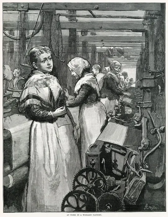 Framed Print : Women working in cramped conditions spinning yarn. Date: 1883