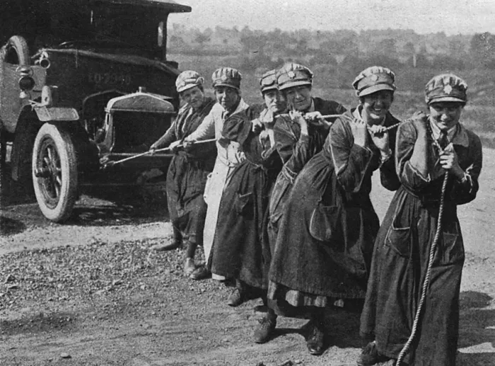 Framed Print : Womens Legion pulling a broken down ambulance, WWI Framed Print : Womens Legion pulling a broken down ambulance, WWI