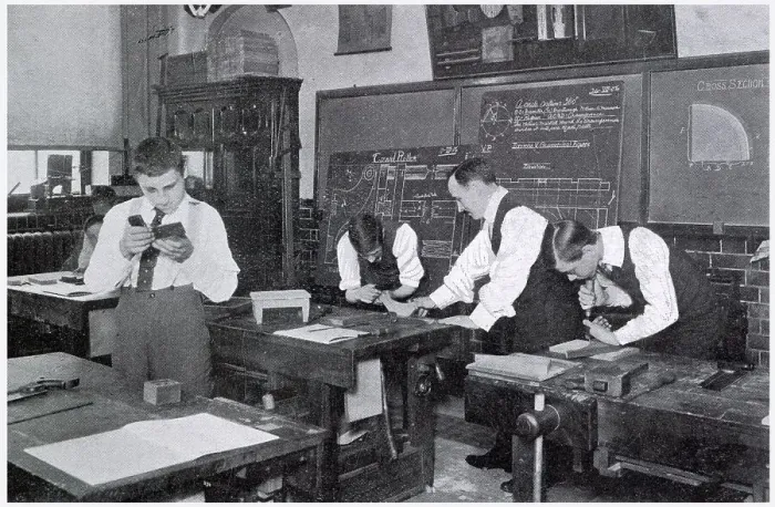Framed Print : Woodwork classroom for boys who continued their education at Acland County Council School, Kentish Town, London. Date: 1906 Framed Print : Woodwork classroom for boys who continued their education at Acland County Council School, Kentish Town, London. Date: 1906