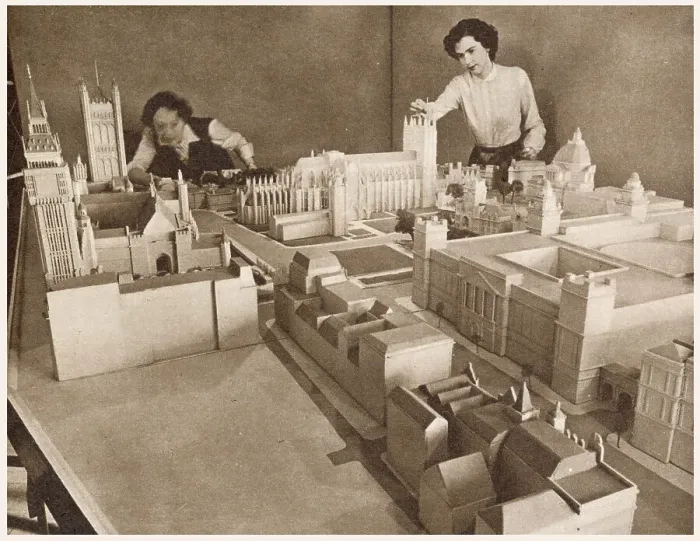 Framed Print : Working on a scale model of part of the Coronation route in a Ministry of Works office - looking down over Whitehall to Parliament Square and the Abbey Framed Print : Working on a scale model of part of the Coronation route in a Ministry of Works office - looking down over Whitehall to Parliament Square and the Abbey
