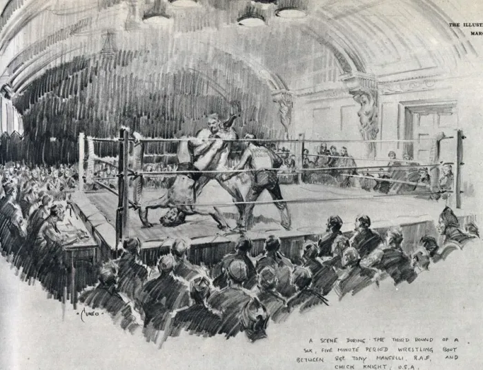 Framed Print : A wrestling bout in the ring at Rainbow Corner, the famous American Red Cross Club in Framed Print : A wrestling bout in the ring at Rainbow Corner, the famous American Red Cross Club in