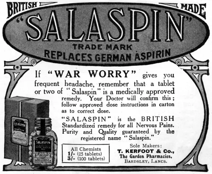Framed Print : WW1 advertisement for Salaspin replacing German aspirin