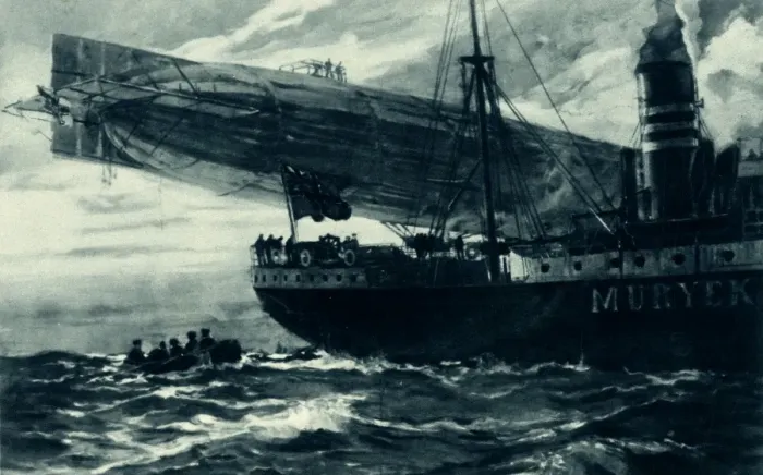 Framed Print : WW1 - Zeppelin holding up Norwegian Vessel, North Sea, 1915 Framed Print : WW1 - Zeppelin holding up Norwegian Vessel, North Sea, 1915