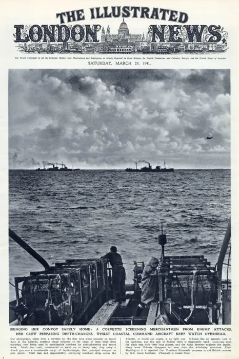 Framed Print : WW2 - Corvette Screening Merchantmen from Enemy attacks