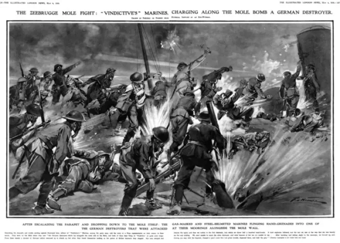 Framed Print : Zeebrugge mole fight: marines charging along the mole, 1918 Framed Print : Zeebrugge mole fight: marines charging along the mole, 1918