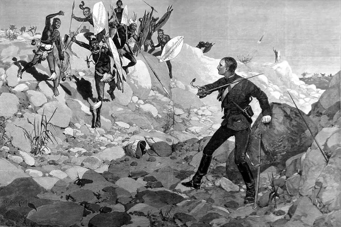 Framed Print : Zulu war. At Bay! The French Prince Imperial attacked by Z Framed Print : Zulu war. At Bay! The French Prince Imperial attacked by Z
