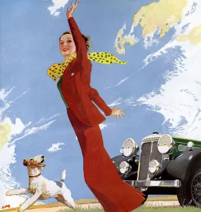 Drive Prints: 1930s woman walking dog - Daimler car