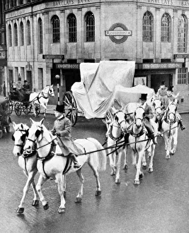 Coaches Prints: 1937 Coronation, Royal Greys draw shrouded state coach