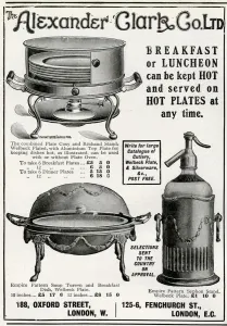 Table Prints: Advert for Alexander Clark, hot plate & soup tureen 1912