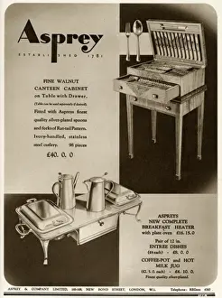 Asprey Prints: Advert for Asprey walnut cutlery cabinet & breakfast heater