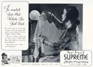 Crepe Prints: Advertisement for Bear Brand superfine Stockings. Date: 1936