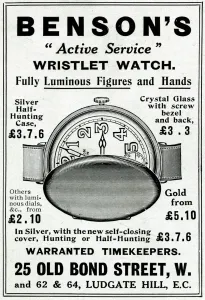 Timekeeper Prints: Advert for Bensons luminous wrist watch 1915