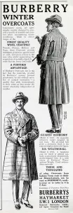 Mens Prints: Advert for Burberry winter overcoats 1923