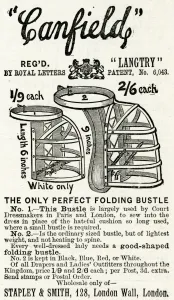 Undergarment Prints: Advert for Canfields folding bustles 1889