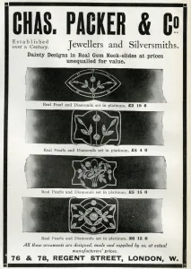 Jewellery Prints: Advert for Chas. Packer & Co, neck-slides 1912