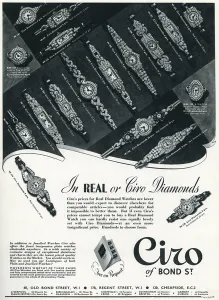 Jewellers Prints: Advert for Ciro ladies diamond wristwatches 1937