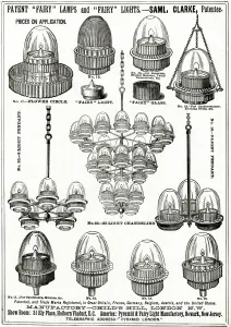 Chandelier Prints: Advert for Clarkes Patent Fairy lamps & lights 1888