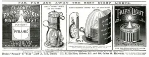 Holder Prints: Advert for Clarkes patent safety night light 1892