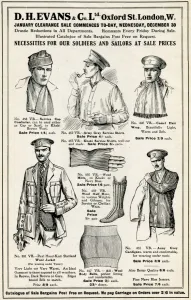 Camel Prints: Advert for D H Evans necessities for soldiers and sailors