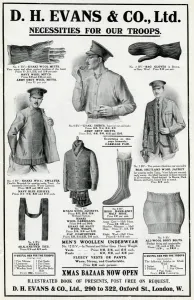 Wool Prints: Advert for D H Evans necessities for soldiers and sailors