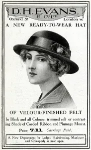 Ribbon Prints: Advert for D. H Evans ready-to-wear felt hat 1914