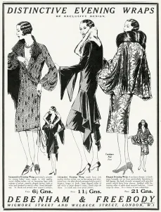 Wrap Prints: Advert for Debenham & Freebody evening wraps 1929