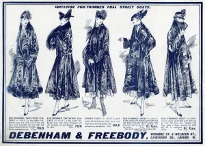 Debenham Prints: Advert for Debenham & Freebody fur trimmed coats 1914