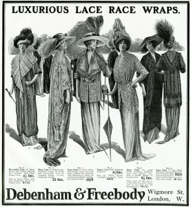 Feathered Prints: Advert for Debenham & Freebody lace race wraps 1912