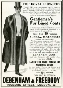 Overcoats Prints: Advert for Debenham & Freebody mens fur lined coats 1905
