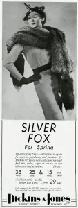 Dickins Prints: Advert for Dickins & Jones silver fox 1937