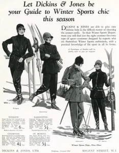 Jones Prints: Advert for Dickins & Jones womens winter sports wear 1928