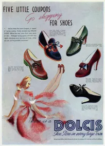 Dolcis Prints: Advert for Dolcis shoes, shopping with five coupons 1941