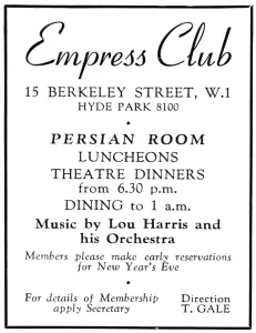 Clubs Prints: Advertisement for The Empress Club, 13 Berkeley Street