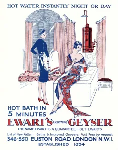 Washing Prints: Advert for Ewarts Geyser hot water 1928