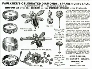 Marked Prints: Advert for Faulkers novelty jewellery 1886