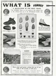 Heel Prints: Advert for Forbec footwear sole & heel inserts 1912