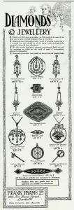 Jewellery Prints: Advert for Frank Hyams Ltd, diamonds jewellery 1911