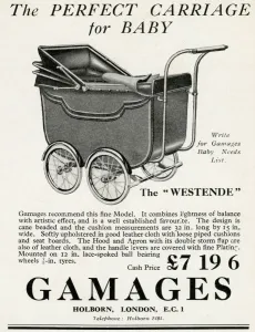 Prams Prints: Advert for Gamages baby carriage 1930
