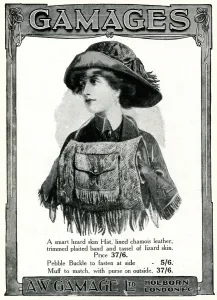 Accessories Prints: Advert for Gamages lizard skin accessories 1909