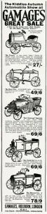 Boys Prints: Advert for Gamages model pedal cars 1925