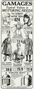 Muffs Prints: Advert for Gamages motoring needs 1926