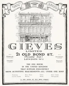 Exterior Prints: Advertisement for Gieves a outfitter for menswear. Date: 1922
