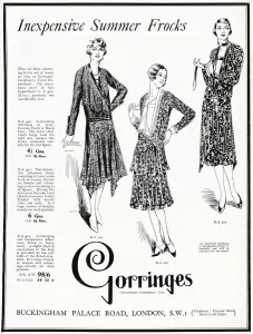 Frocks Prints: Advert for Gorringes inexpensive summer frocks 1929