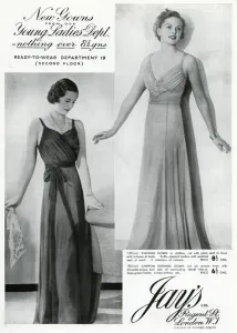Frocks Prints: Advert for Jays ready-wear evening dresses 1937