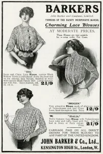 Blouse Prints: Advert for John Barker & Co, lace blouses 1912