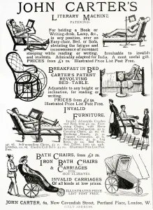 Exterior Prints: Advert for John Carters invalid chairs 1884