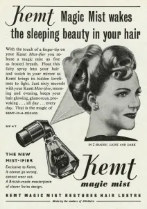 Magic Prints: Advert for Kemt magic mist hairspray 1948