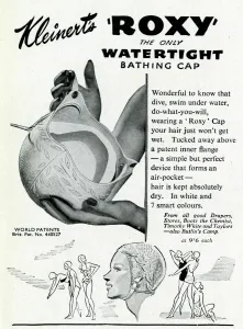 Swim Prints: Advert for Kleinerts Roxy watertight bathing caps 1948